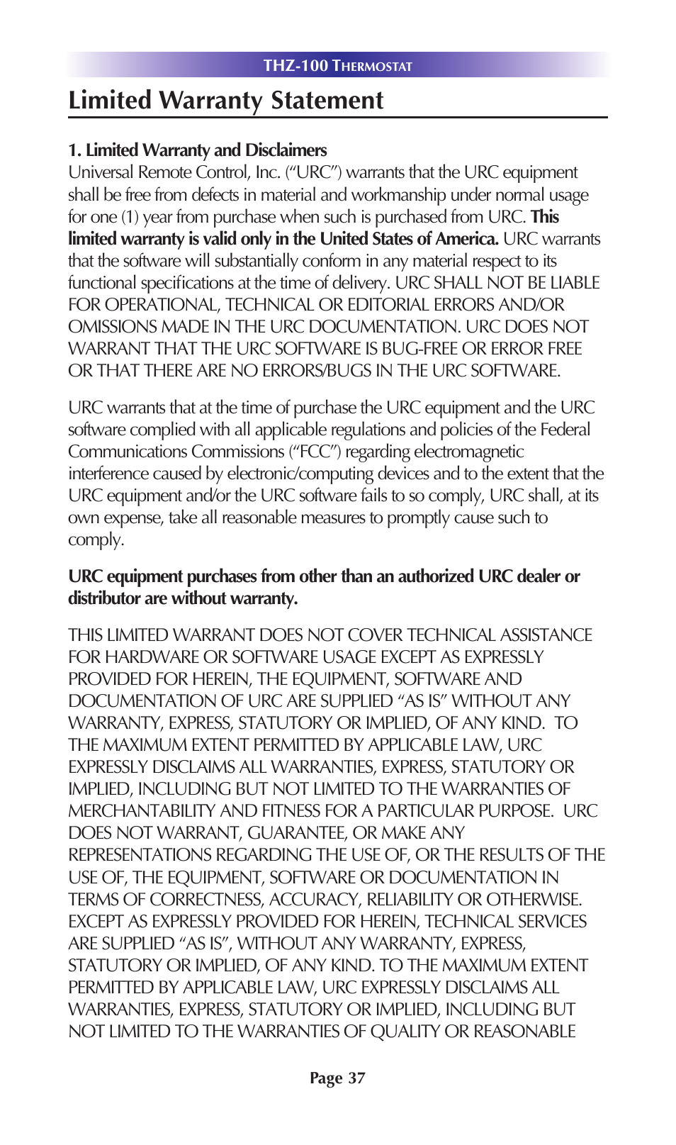 Limited warranty statement | Universal Remote Control (URS) THZ-100 Rev 03 User Manual | Page 41 / 52