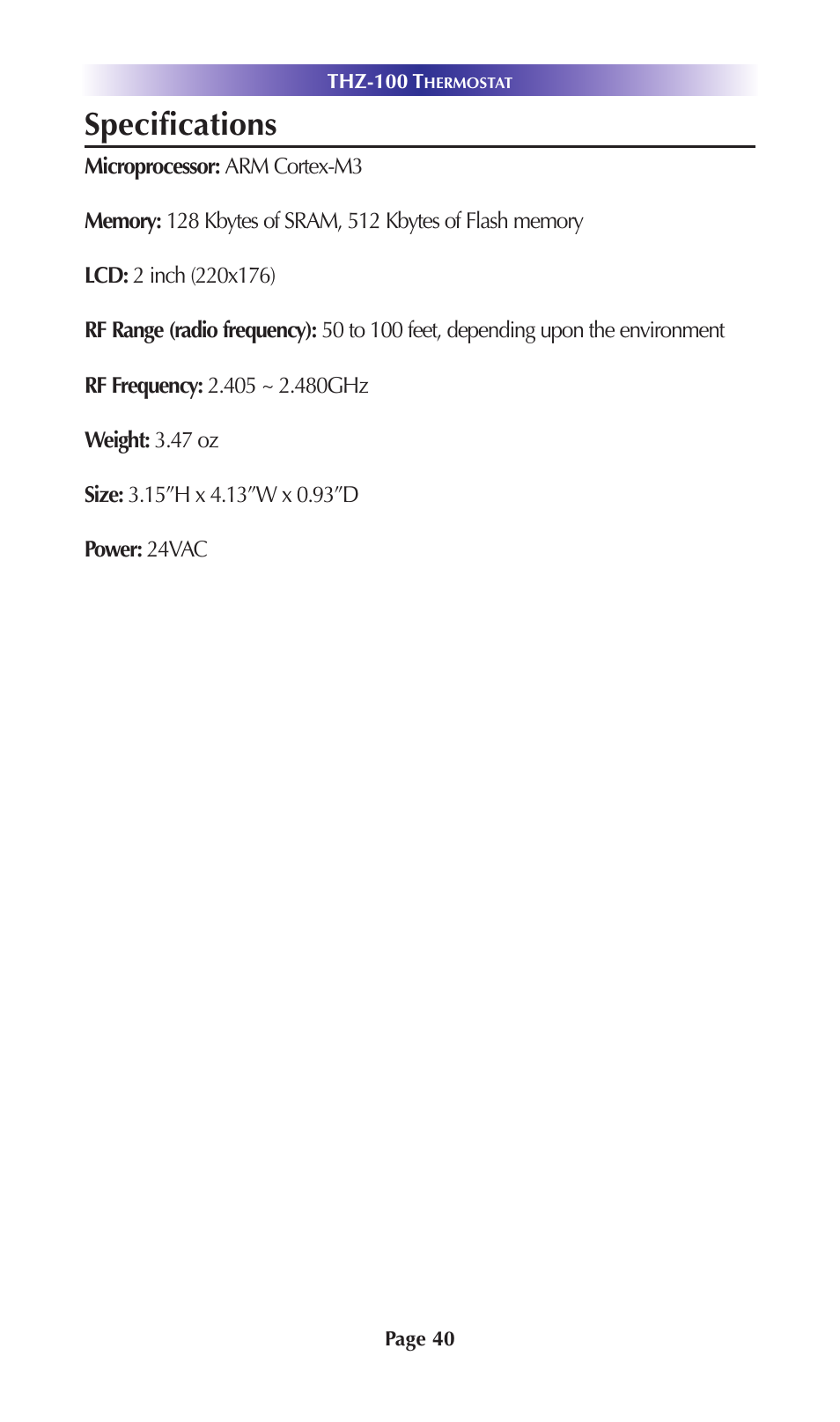 Specifications | Universal Remote Control (URS) THZ-100 Rev 03 User Manual | Page 44 / 52