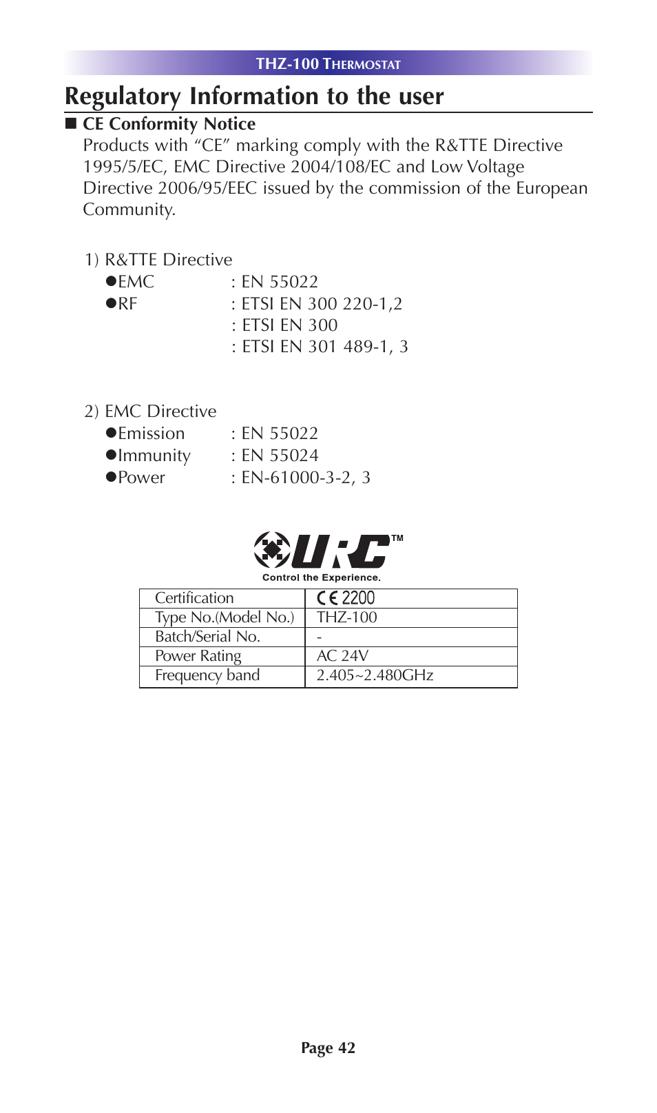 Regulatory information to the user | Universal Remote Control (URS) THZ-100 Rev 03 User Manual | Page 46 / 52