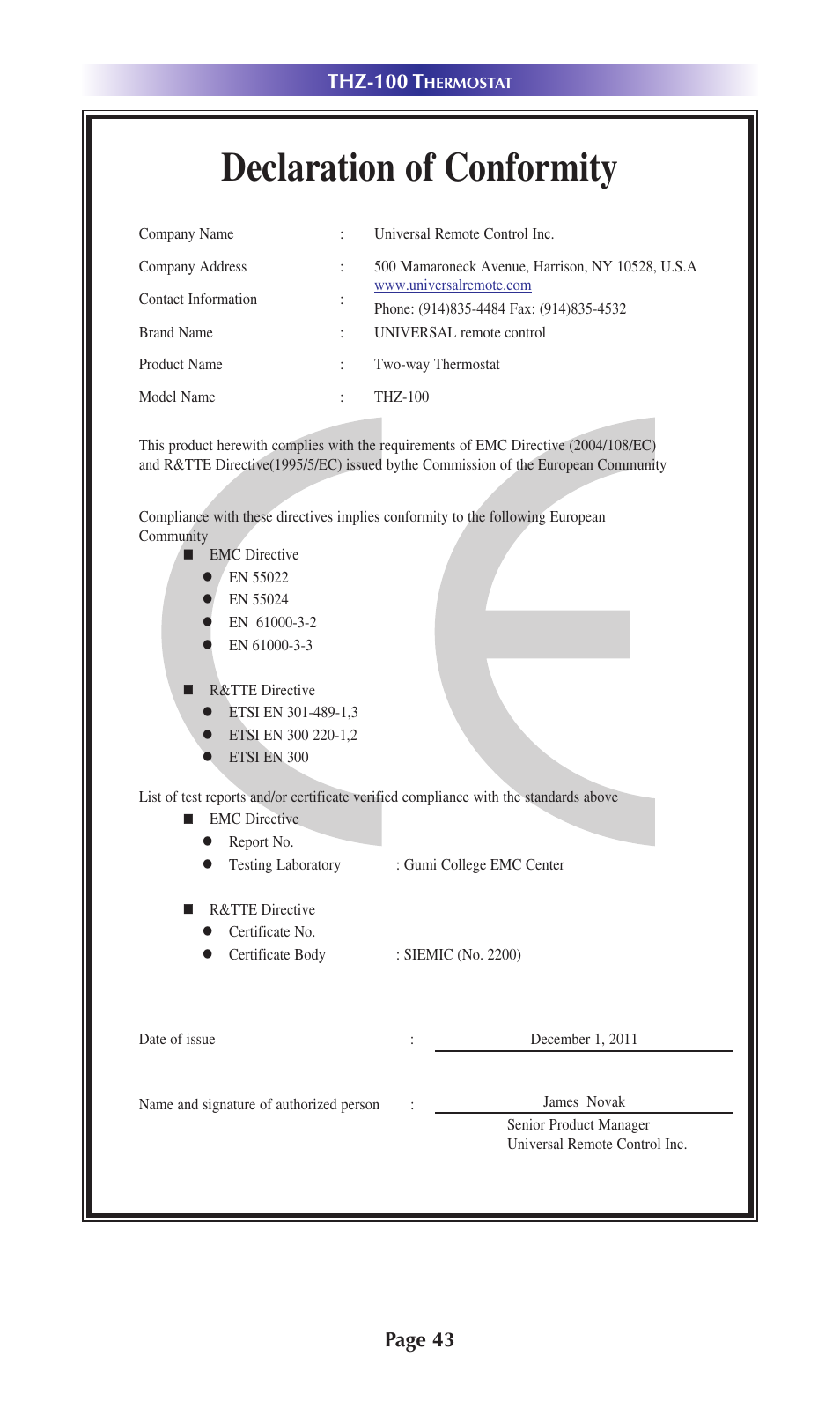 Declaration of conformity | Universal Remote Control (URS) THZ-100 Rev 03 User Manual | Page 47 / 52