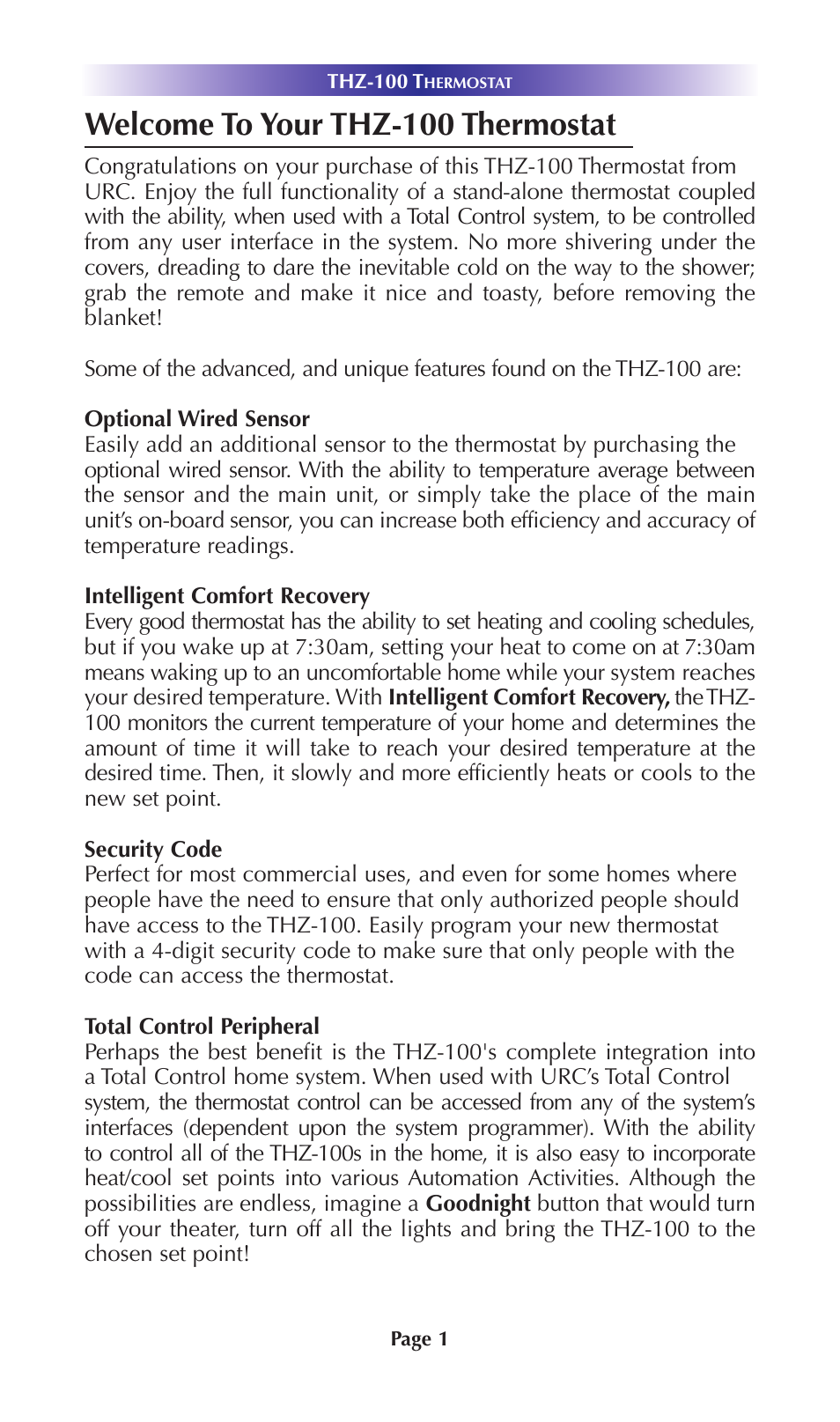 Welcome to your thz-100 thermostat | Universal Remote Control (URS) THZ-100 Rev 03 User Manual | Page 5 / 52