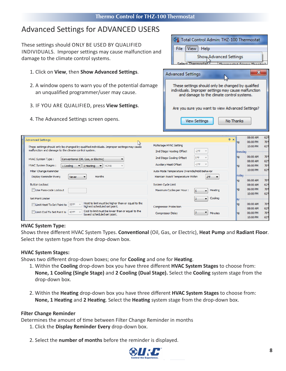 Advanced settings for advanced users, Dvanced, Ettings for | Advanced users | Universal Remote Control (URS) Thermo Control User Manual | Page 10 / 12