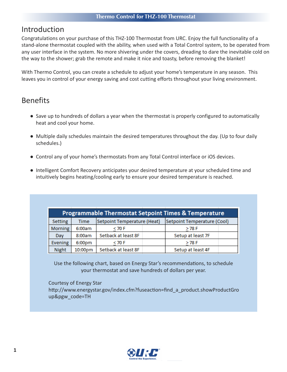 Introduction, Benefits, Ntroduction | Enefits | Universal Remote Control (URS) Thermo Control User Manual | Page 3 / 12