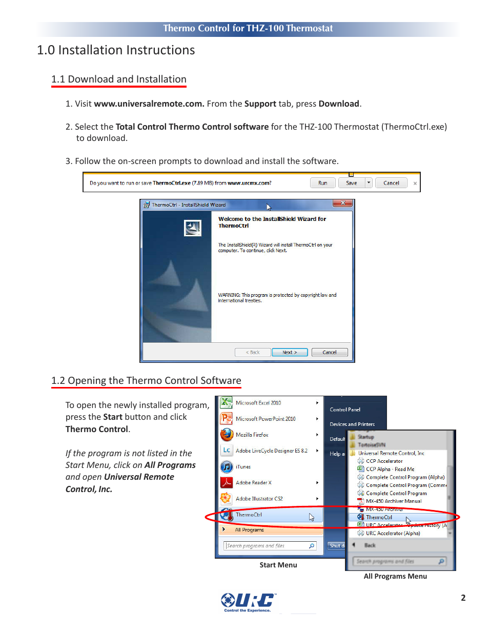 0 installation instructions, 1 download and installation, 2 opening the thermo control software | Nstallation, Nstructions, Ownload and, Pening the, Hermo, Ontrol, Oftware | Universal Remote Control (URS) Thermo Control User Manual | Page 4 / 12