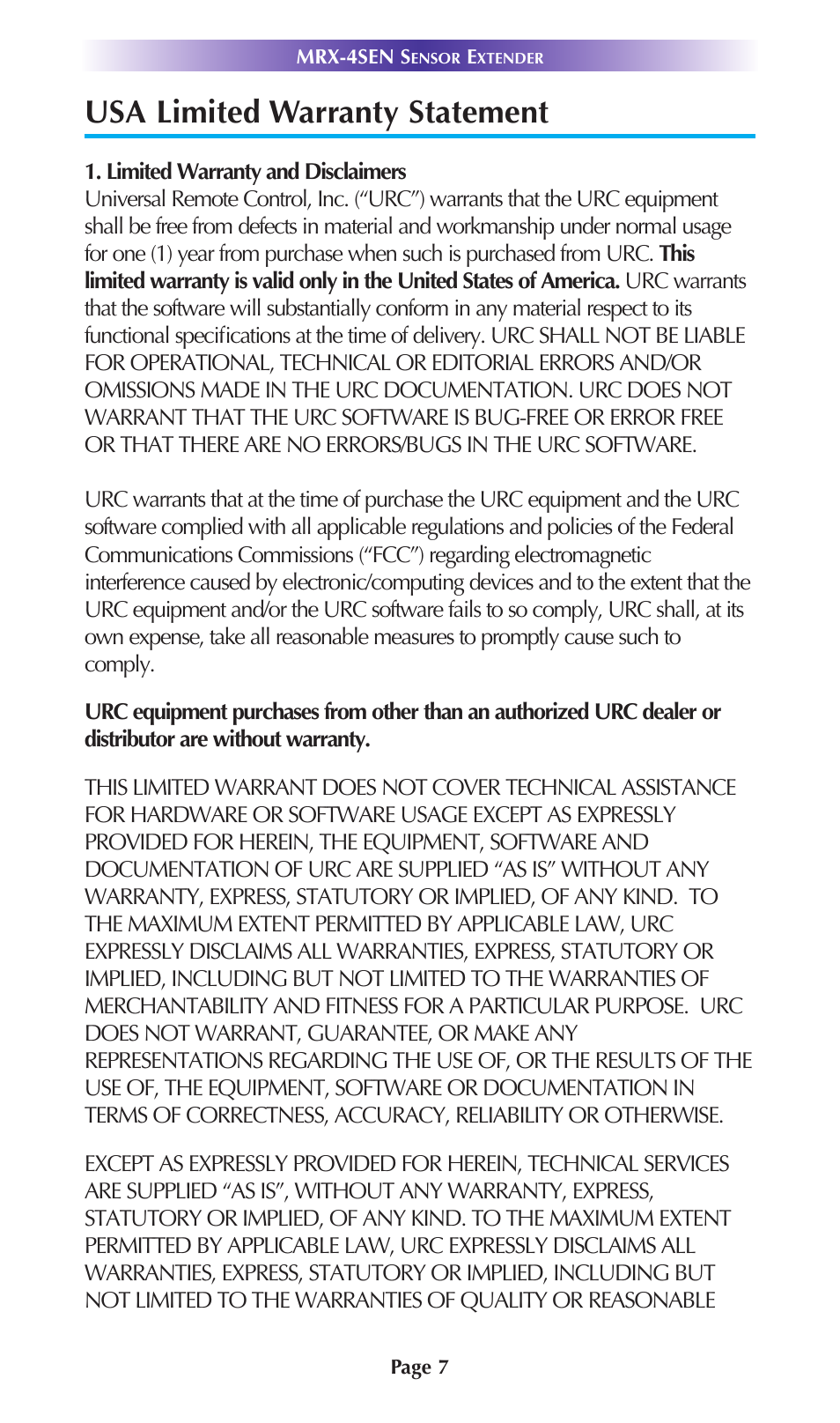 Usa limited warranty statement | Universal Remote Control (URS) MRX-4SEN User Manual | Page 10 / 20