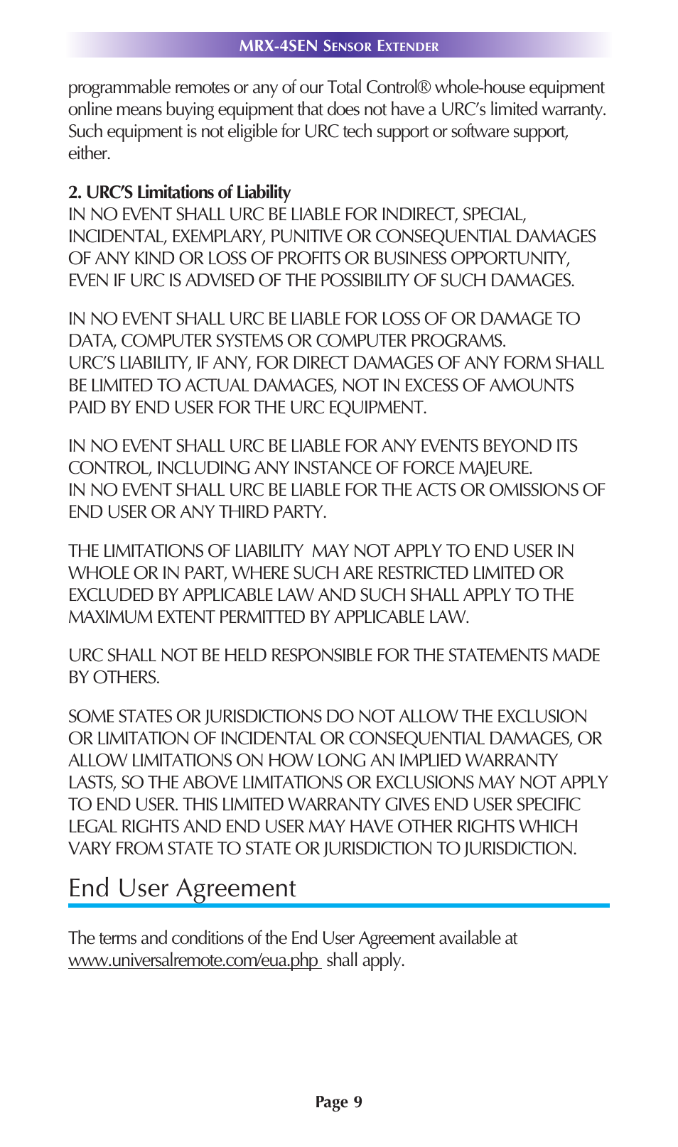 End user agreement | Universal Remote Control (URS) MRX-4SEN User Manual | Page 12 / 20