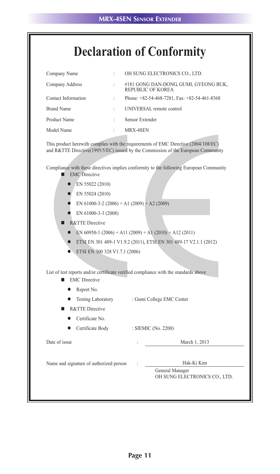 Declaration of conformity, Page 11 mrx-4sen s | Universal Remote Control (URS) MRX-4SEN User Manual | Page 14 / 20