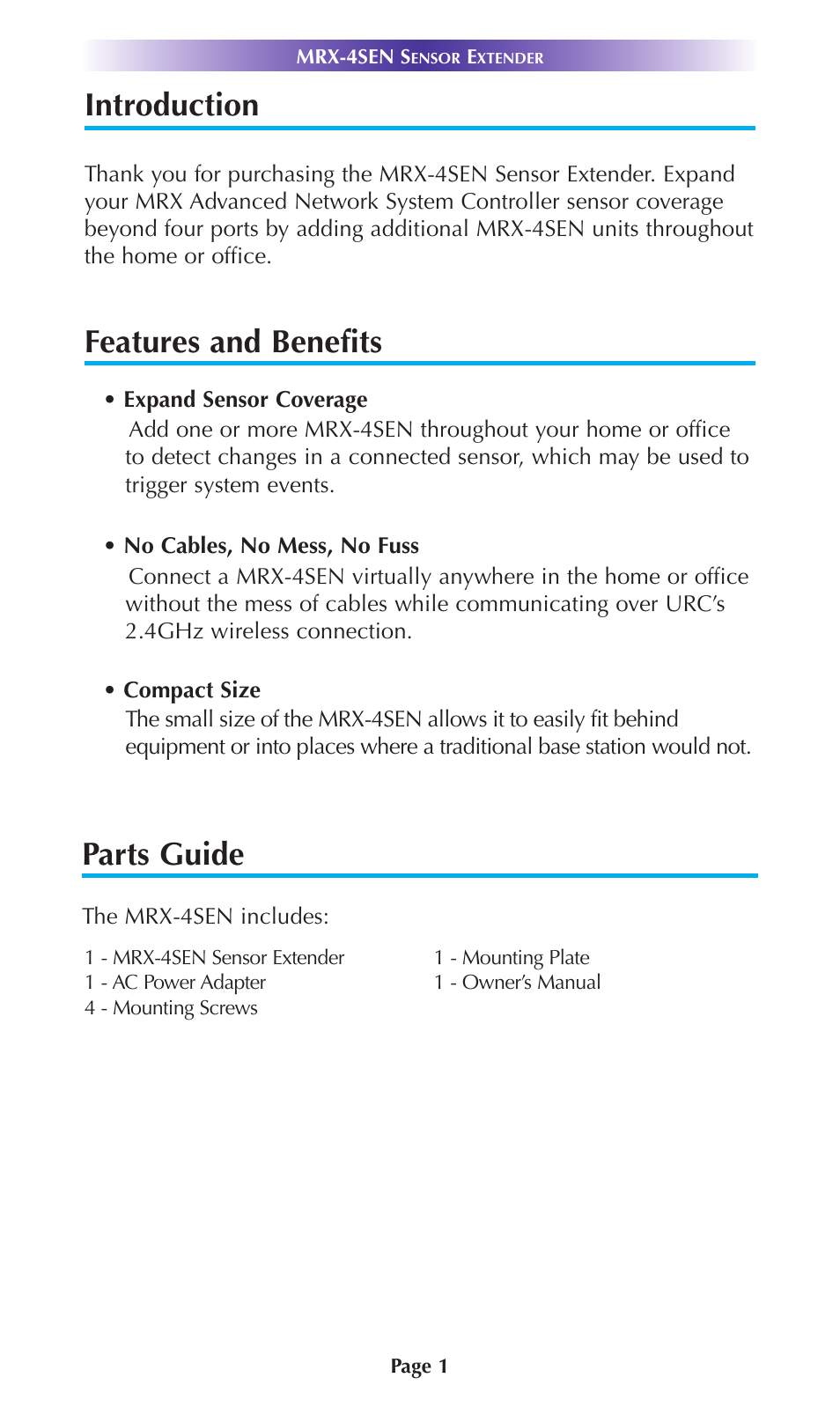 Introduction, Features and benefits, Parts guide | Universal Remote Control (URS) MRX-4SEN User Manual | Page 4 / 20