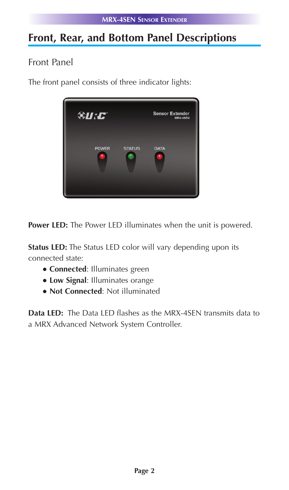 Front, rear, and bottom panel descriptions, Front panel | Universal Remote Control (URS) MRX-4SEN User Manual | Page 5 / 20