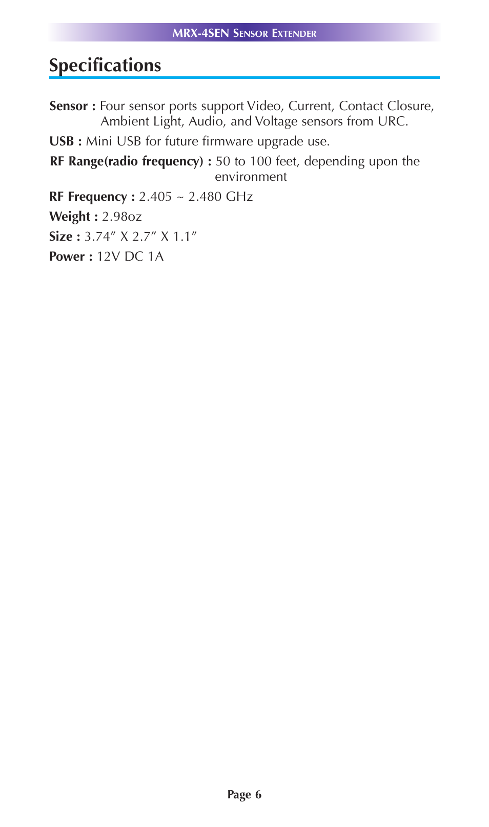Specifications | Universal Remote Control (URS) MRX-4SEN User Manual | Page 9 / 20