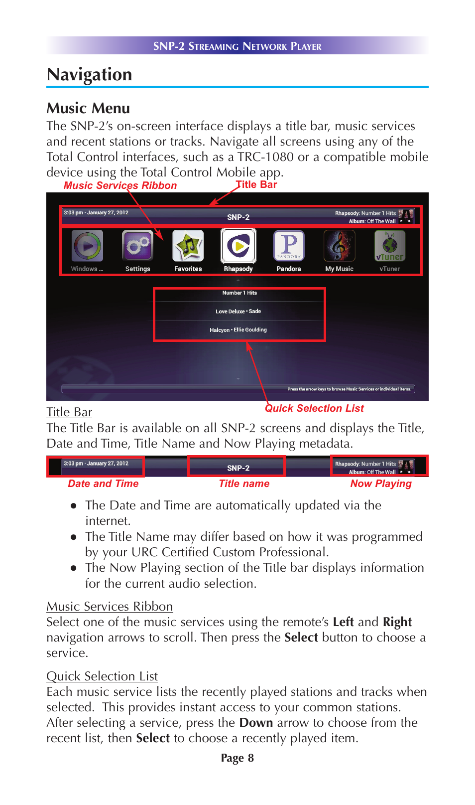 Navigation, Music menu | Universal Remote Control (URS) SNP-2 User Manual | Page 11 / 36