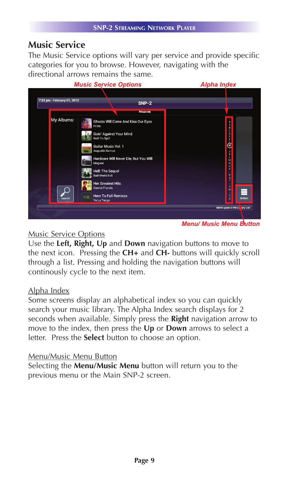 Music service | Universal Remote Control (URS) SNP-2 User Manual | Page 12 / 36
