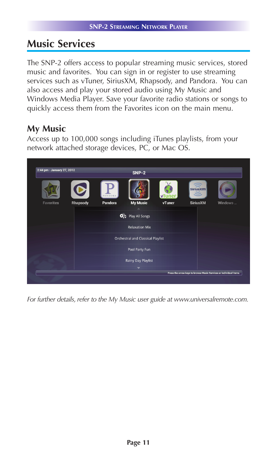 Music services, My music | Universal Remote Control (URS) SNP-2 User Manual | Page 14 / 36