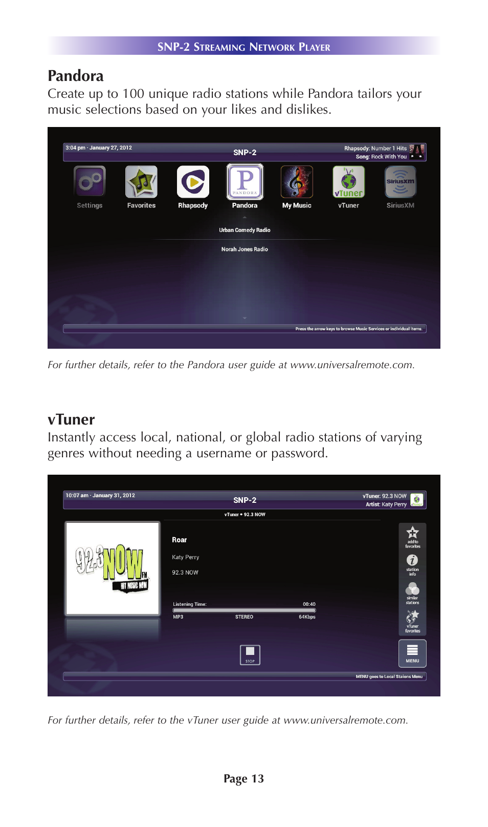 Pandora, Vtuner | Universal Remote Control (URS) SNP-2 User Manual | Page 16 / 36