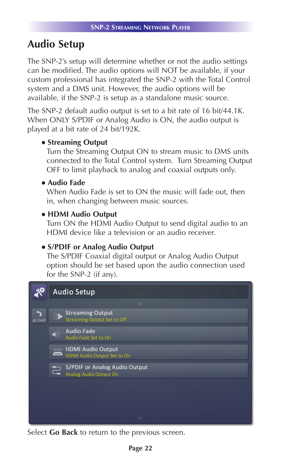 Audio setup | Universal Remote Control (URS) SNP-2 User Manual | Page 25 / 36