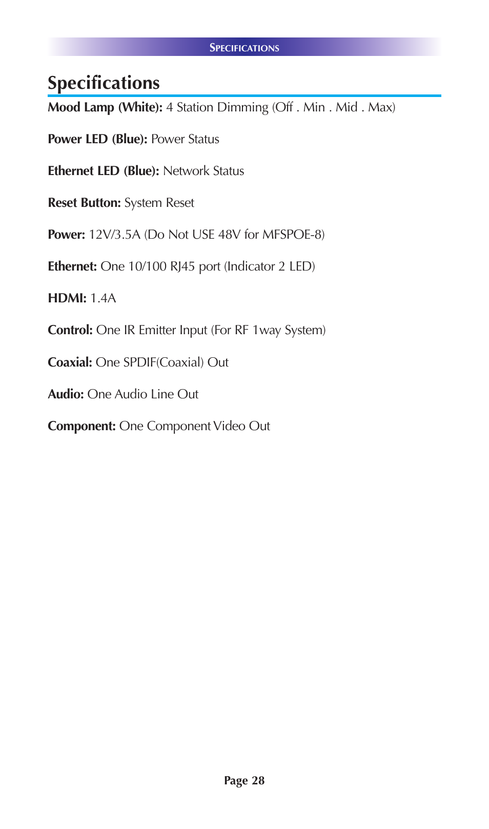 Specifications | Universal Remote Control (URS) SNP-2 User Manual | Page 31 / 36