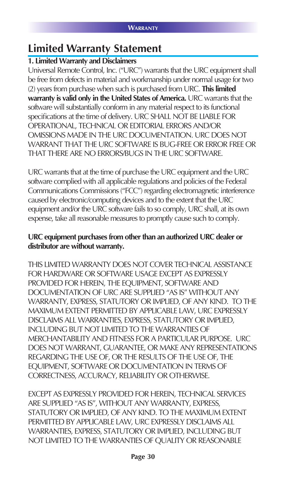 Limited warranty statement | Universal Remote Control (URS) SNP-2 User Manual | Page 33 / 36
