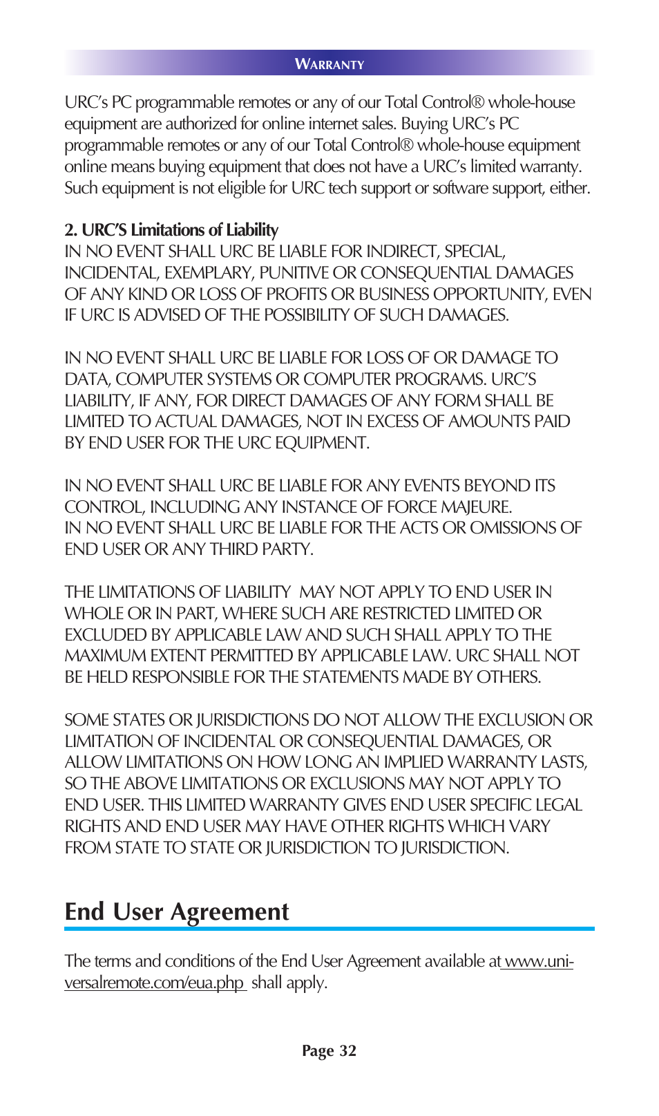 End user agreement | Universal Remote Control (URS) SNP-2 User Manual | Page 35 / 36