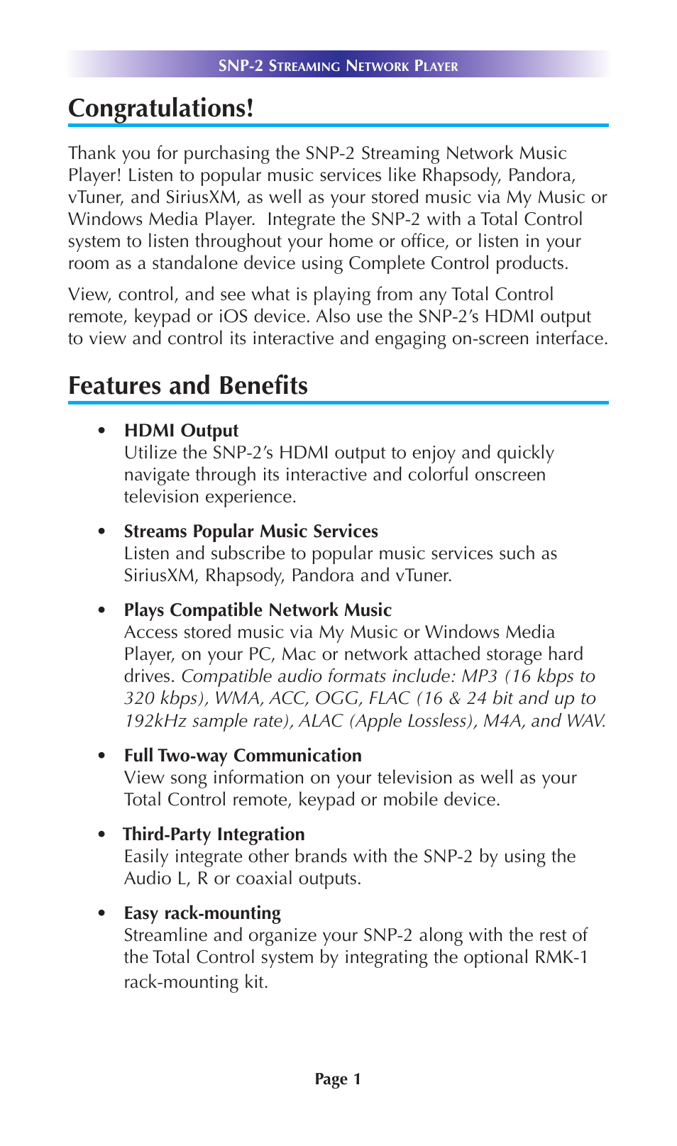 Features and benefits | Universal Remote Control (URS) SNP-2 User Manual | Page 4 / 36