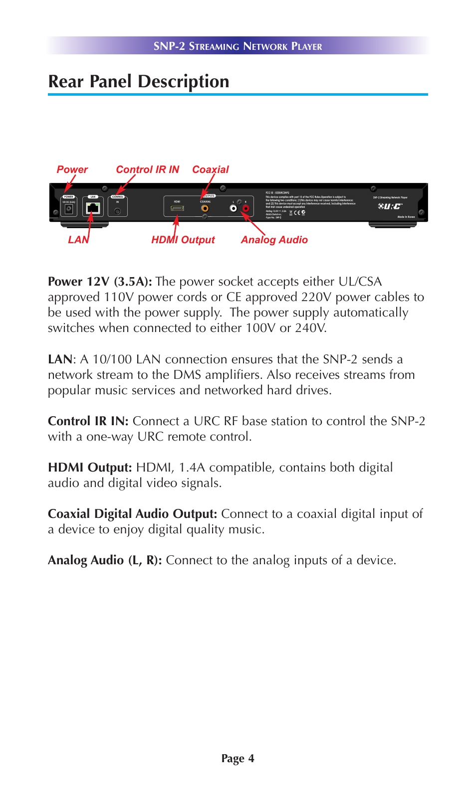 Rear panel description | Universal Remote Control (URS) SNP-2 User Manual | Page 7 / 36
