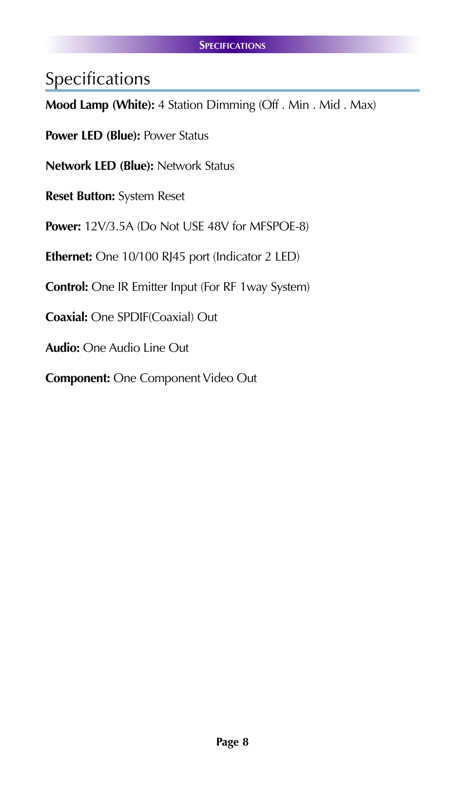 Specifications | Universal Remote Control (URS) SNP-1 User Manual | Page 10 / 20