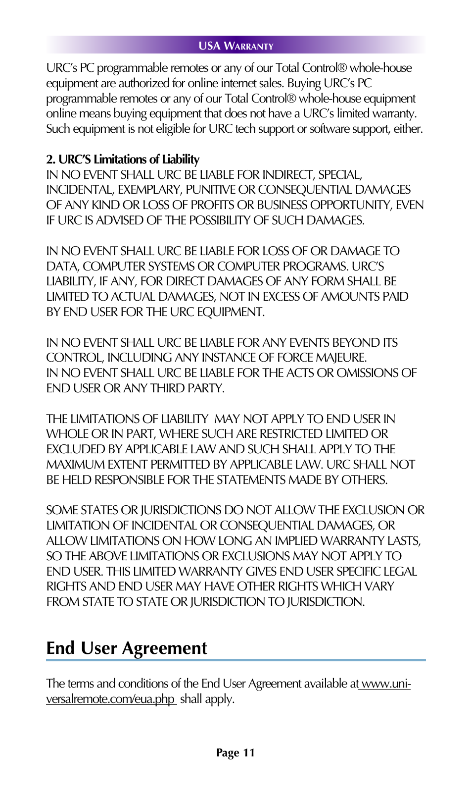 End user agreement | Universal Remote Control (URS) SNP-1 User Manual | Page 13 / 20