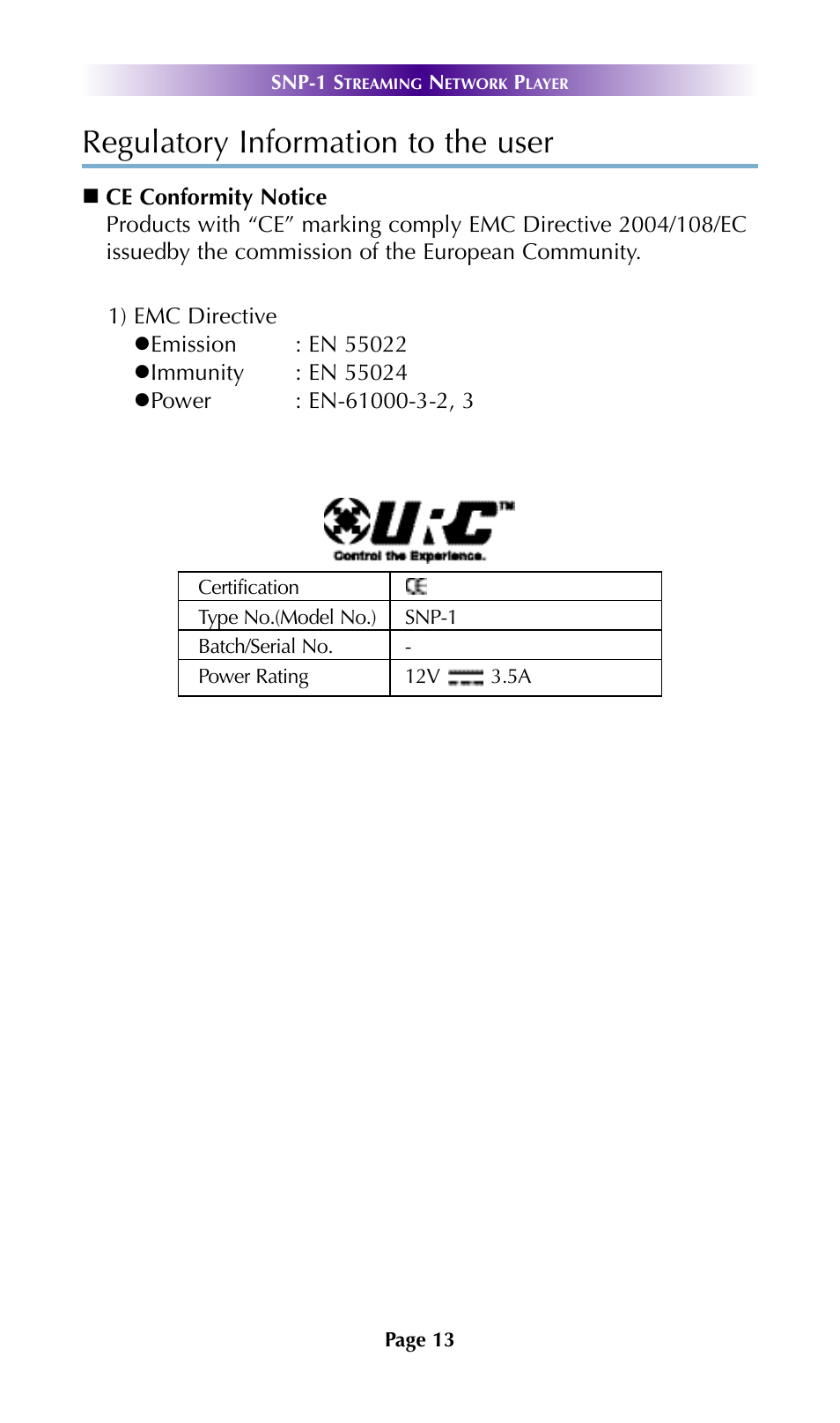 Regulatory information to the user | Universal Remote Control (URS) SNP-1 User Manual | Page 15 / 20