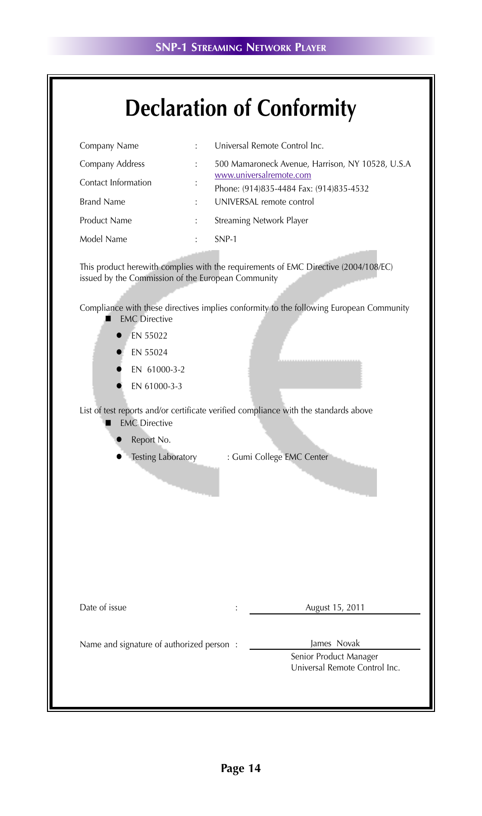 Declaration of conformity, Snp-1 s, Page 14 | Universal Remote Control (URS) SNP-1 User Manual | Page 16 / 20