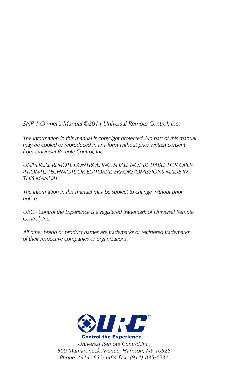 Universal Remote Control (URS) SNP-1 User Manual | Page 2 / 20