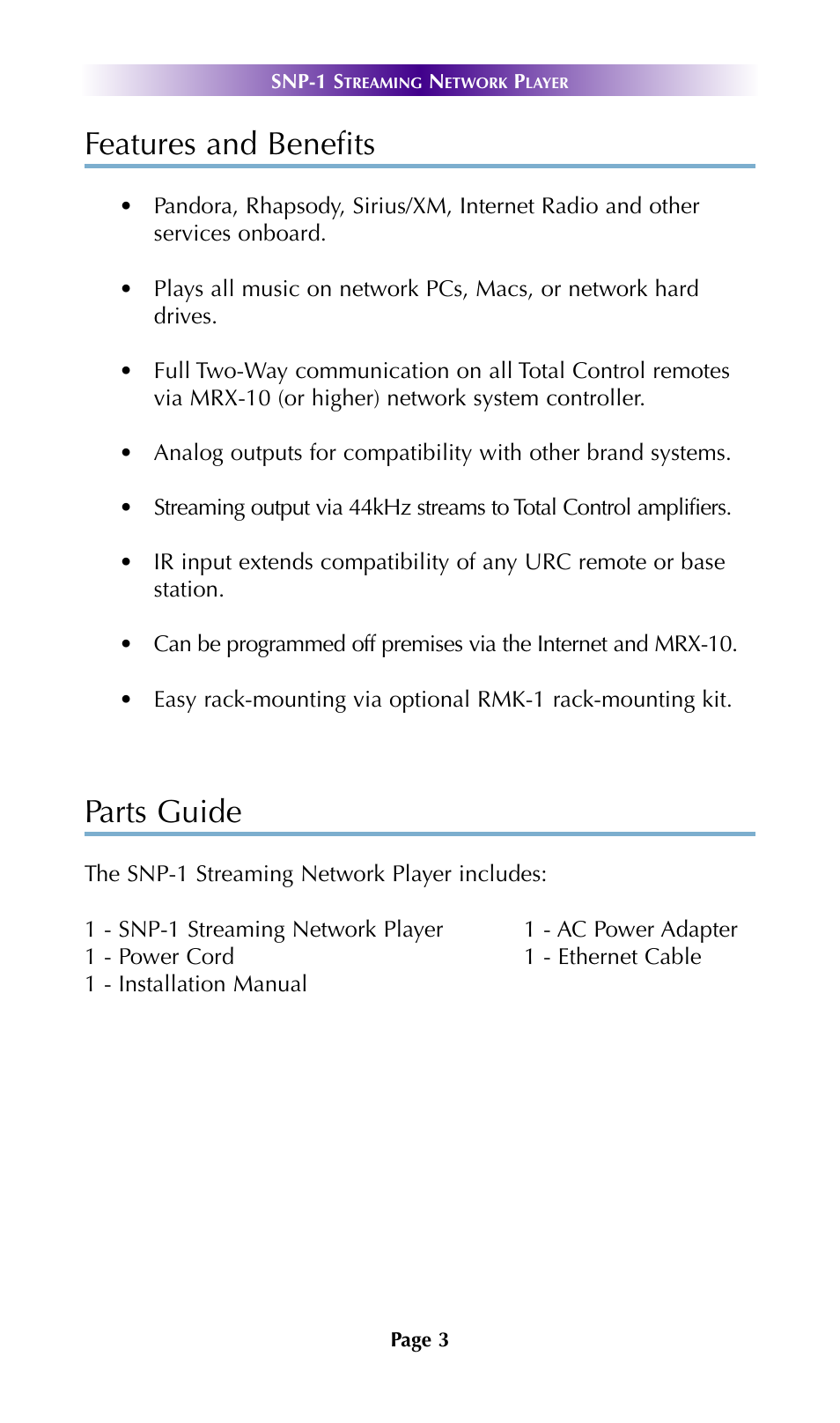 Features and benefits, Parts guide | Universal Remote Control (URS) SNP-1 User Manual | Page 5 / 20