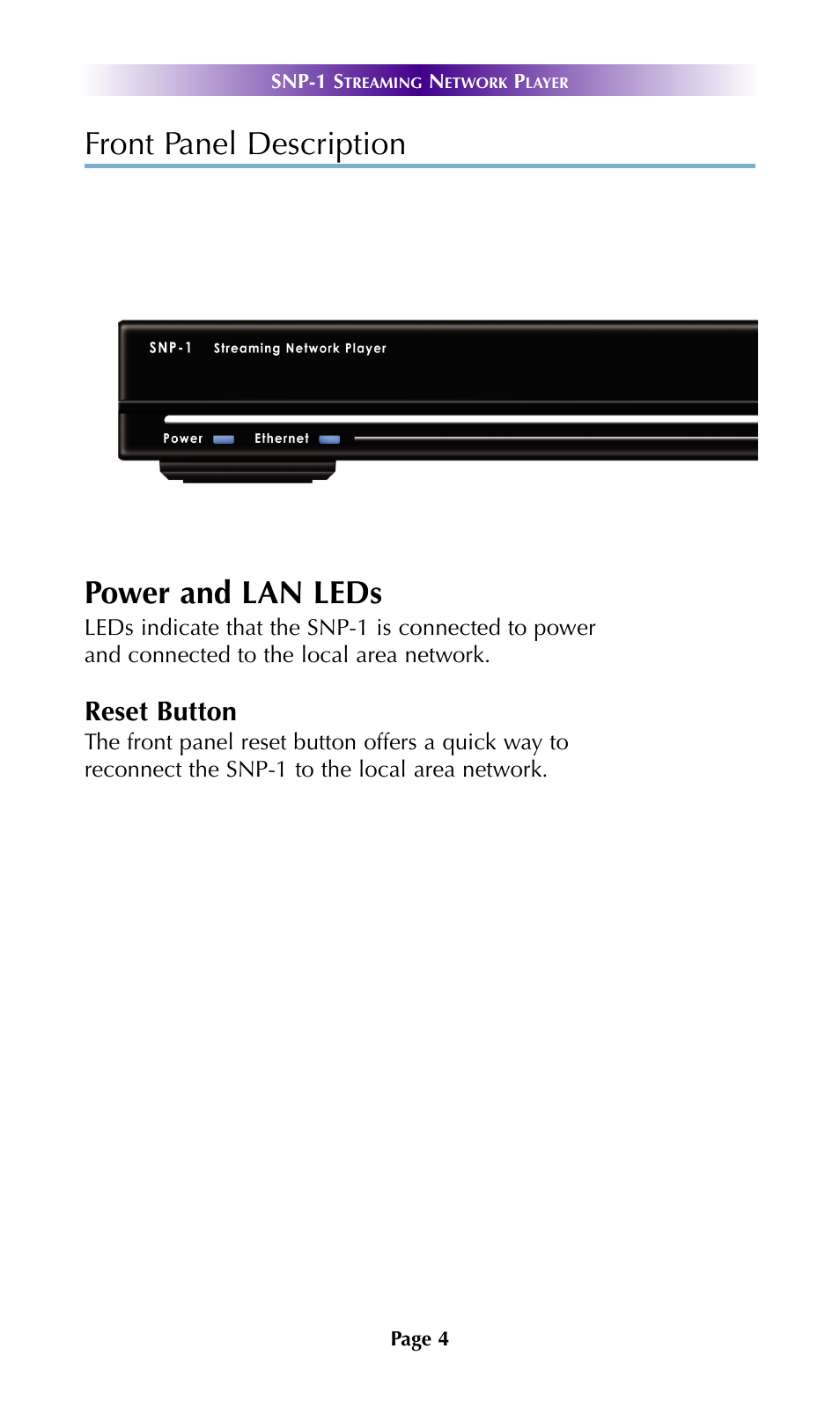 Front panel description power and lan leds, Reset button | Universal Remote Control (URS) SNP-1 User Manual | Page 6 / 20