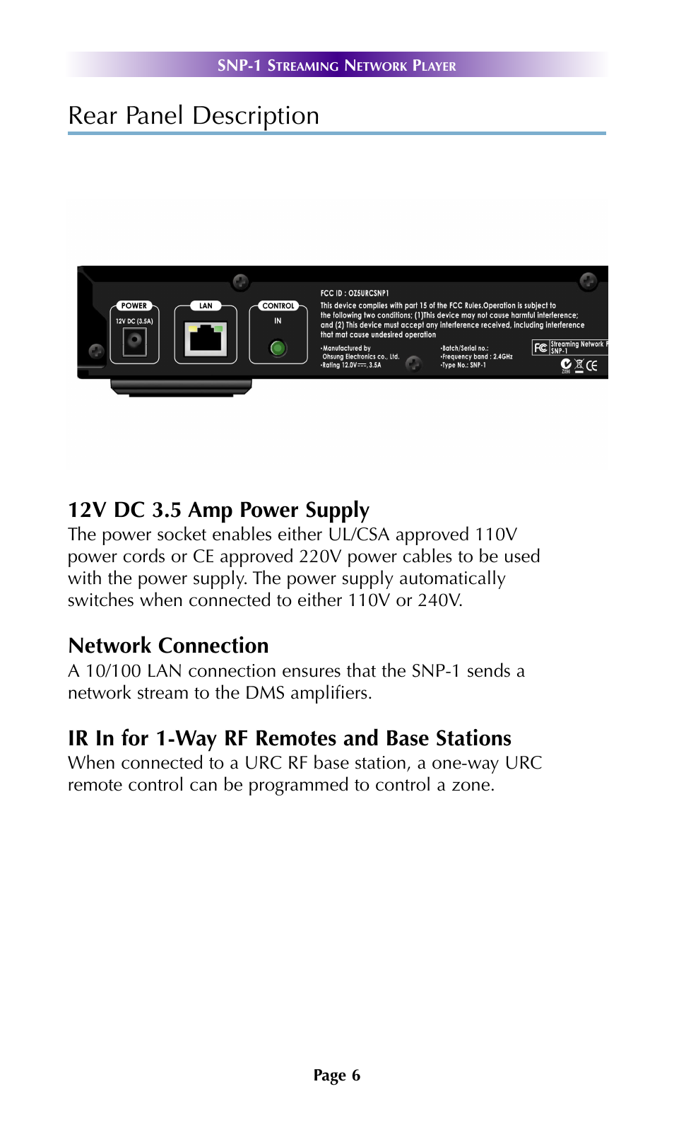 Rear panel description, 12v dc 3.5 amp power supply, Network connection | Ir in for 1-way rf remotes and base stations | Universal Remote Control (URS) SNP-1 User Manual | Page 8 / 20