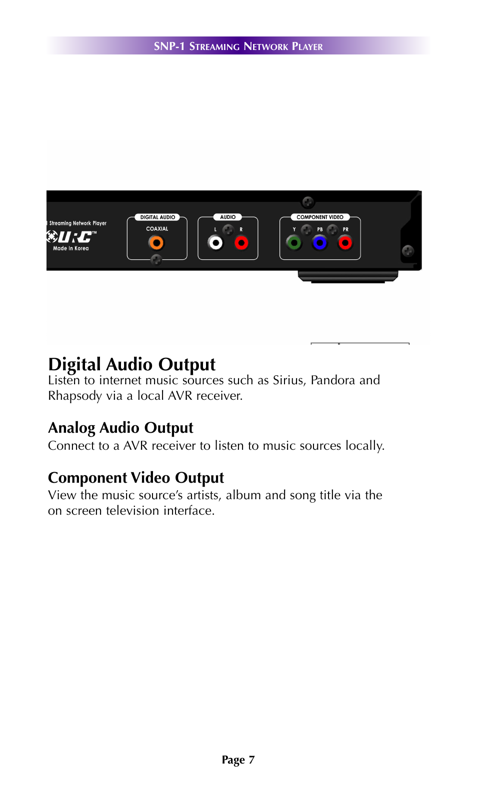 System features digital audio output, Analog audio output, Component video output | Universal Remote Control (URS) SNP-1 User Manual | Page 9 / 20