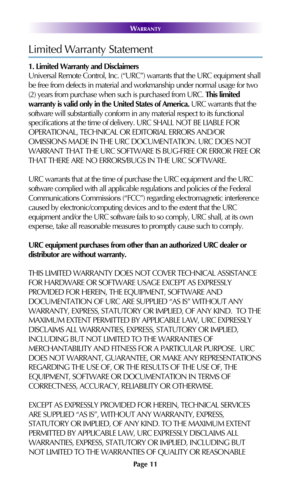 Limited warranty statement | Universal Remote Control (URS) DMS-100 7.9.14 User Manual | Page 13 / 19