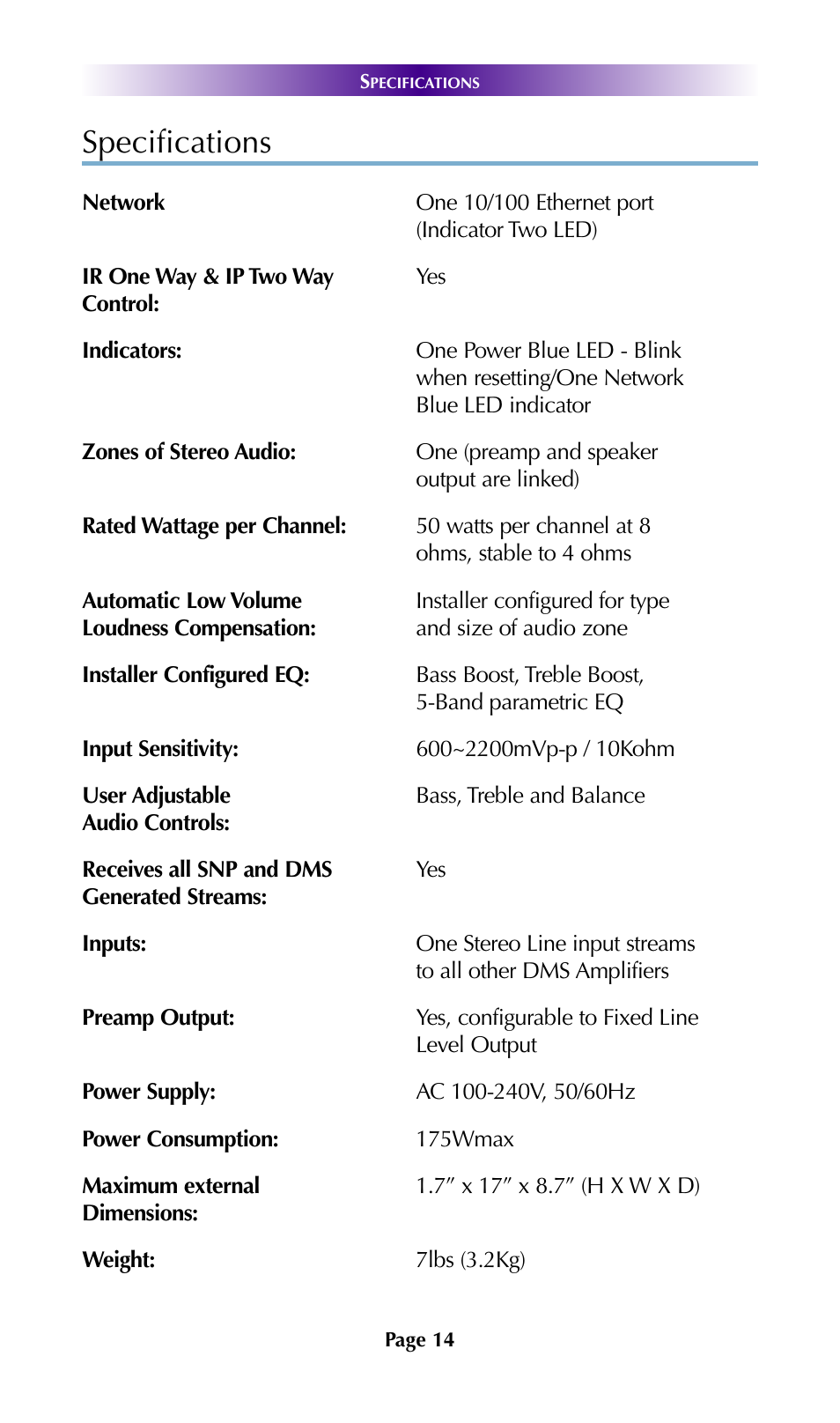 Specifications | Universal Remote Control (URS) DMS-100 7.9.14 User Manual | Page 16 / 19