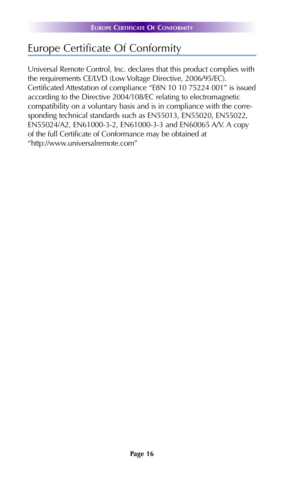 Europe certificate of conformity | Universal Remote Control (URS) DMS-100 7.9.14 User Manual | Page 18 / 19