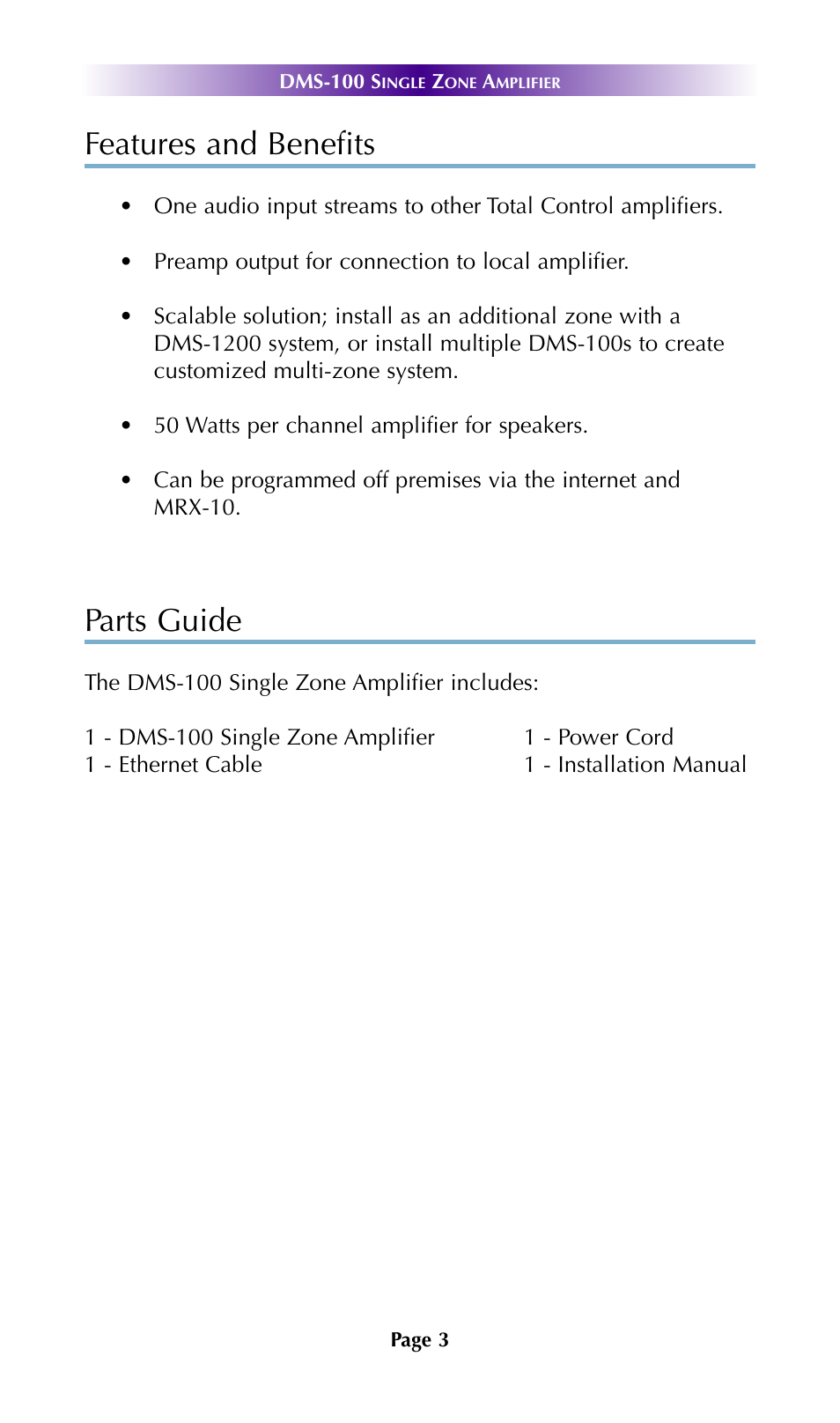 Rear panel description, Features and benefits, Parts guide | Universal Remote Control (URS) DMS-100 7.9.14 User Manual | Page 5 / 19