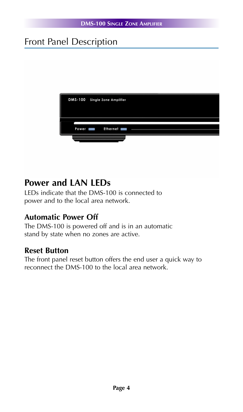 System features, Front panel description power and lan leds, Automatic power off | Reset button | Universal Remote Control (URS) DMS-100 7.9.14 User Manual | Page 6 / 19