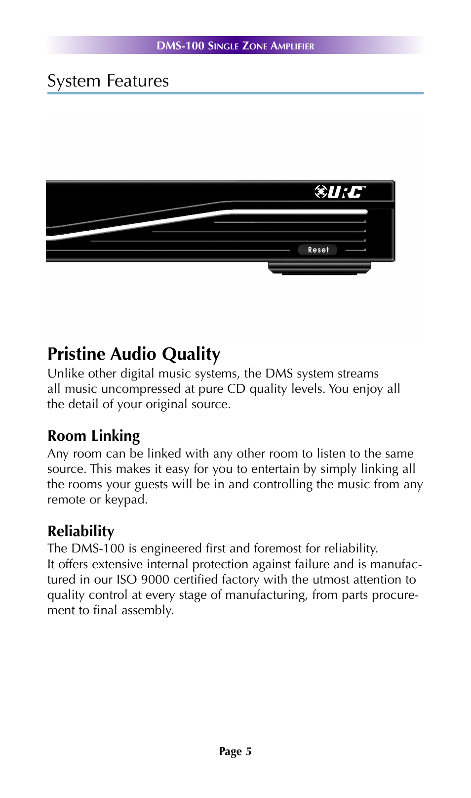 Important safety instructions, System features pristine audio quality, Room linking | Reliability | Universal Remote Control (URS) DMS-100 7.9.14 User Manual | Page 7 / 19