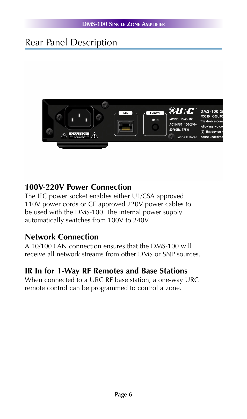 Rear panel description, Network connection, Ir in for 1-way rf remotes and base stations | Universal Remote Control (URS) DMS-100 7.9.14 User Manual | Page 8 / 19