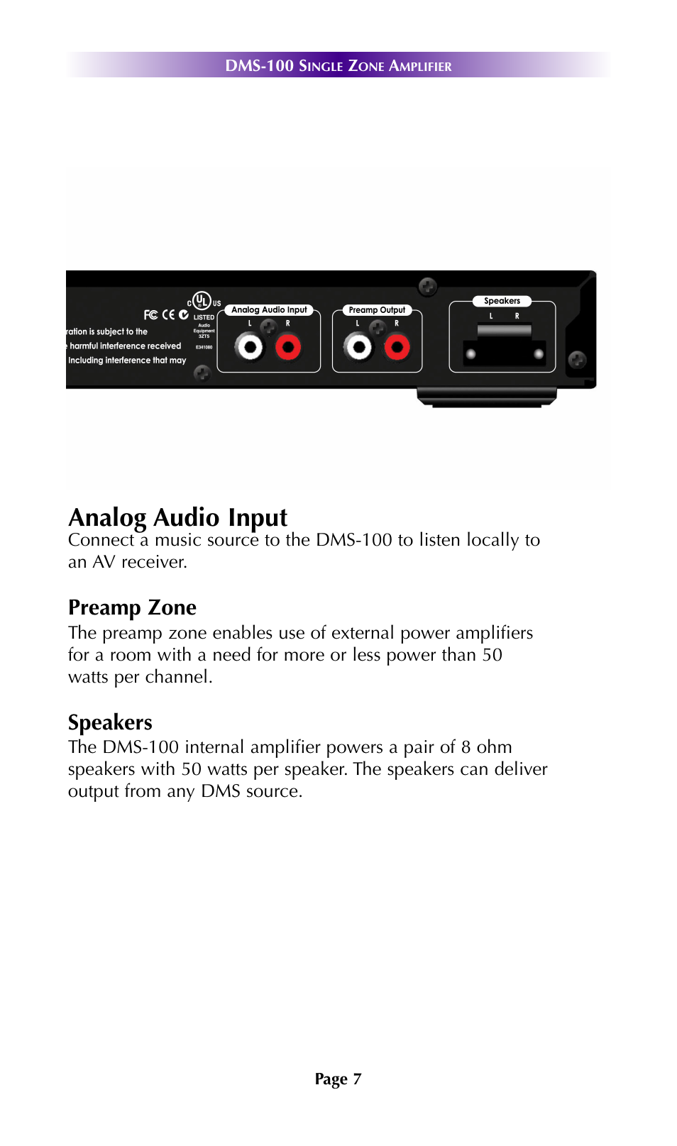 Federal communication commission, Interference statement, System features analog audio input | Preamp zone, Speakers | Universal Remote Control (URS) DMS-100 7.9.14 User Manual | Page 9 / 19