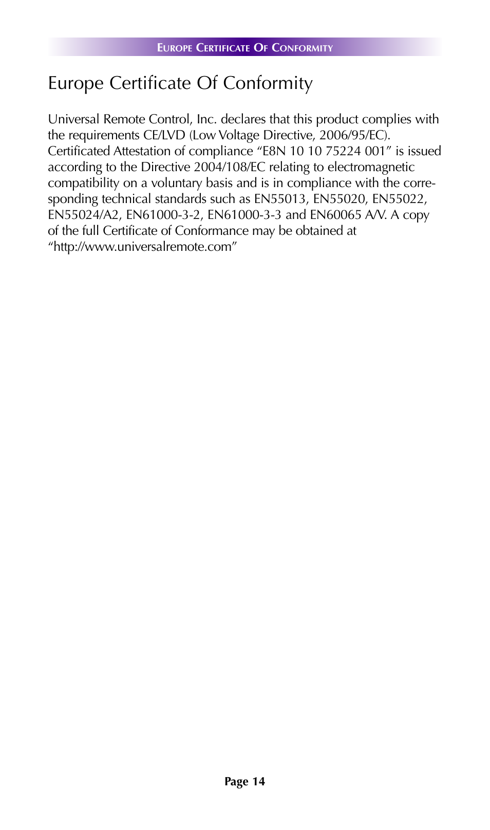 System configuration for internal lan network, Europe certificate of conformity | Universal Remote Control (URS) DMS-1200 7.9.14 User Manual | Page 17 / 18