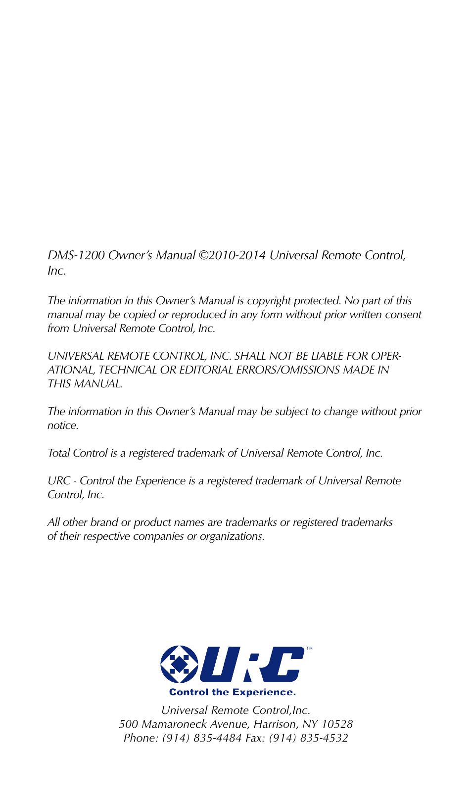 Universal Remote Control (URS) DMS-1200 7.9.14 User Manual | Page 2 / 18
