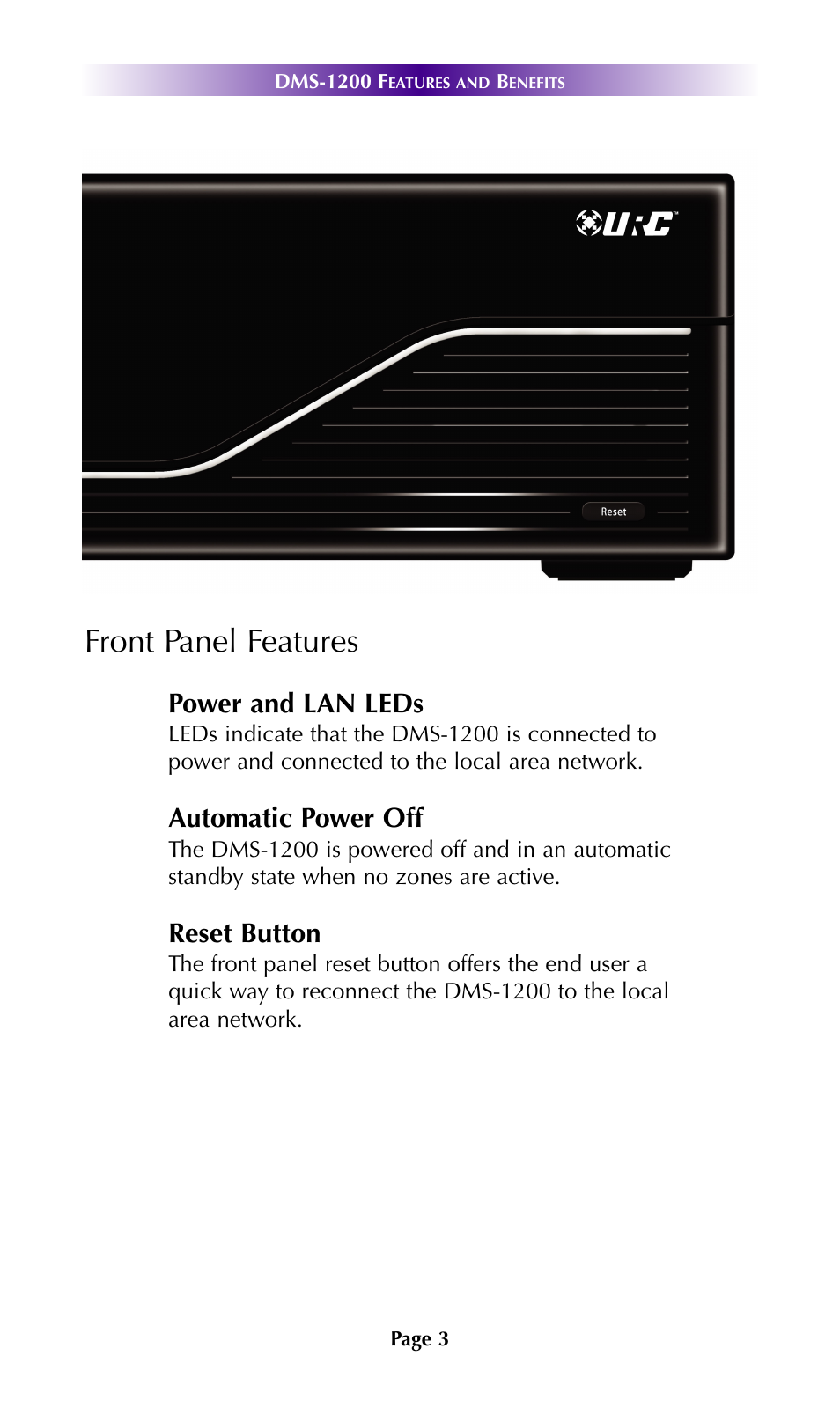 Front panel features, Power and lan leds, Automatic power off | Reset button | Universal Remote Control (URS) DMS-1200 7.9.14 User Manual | Page 6 / 18