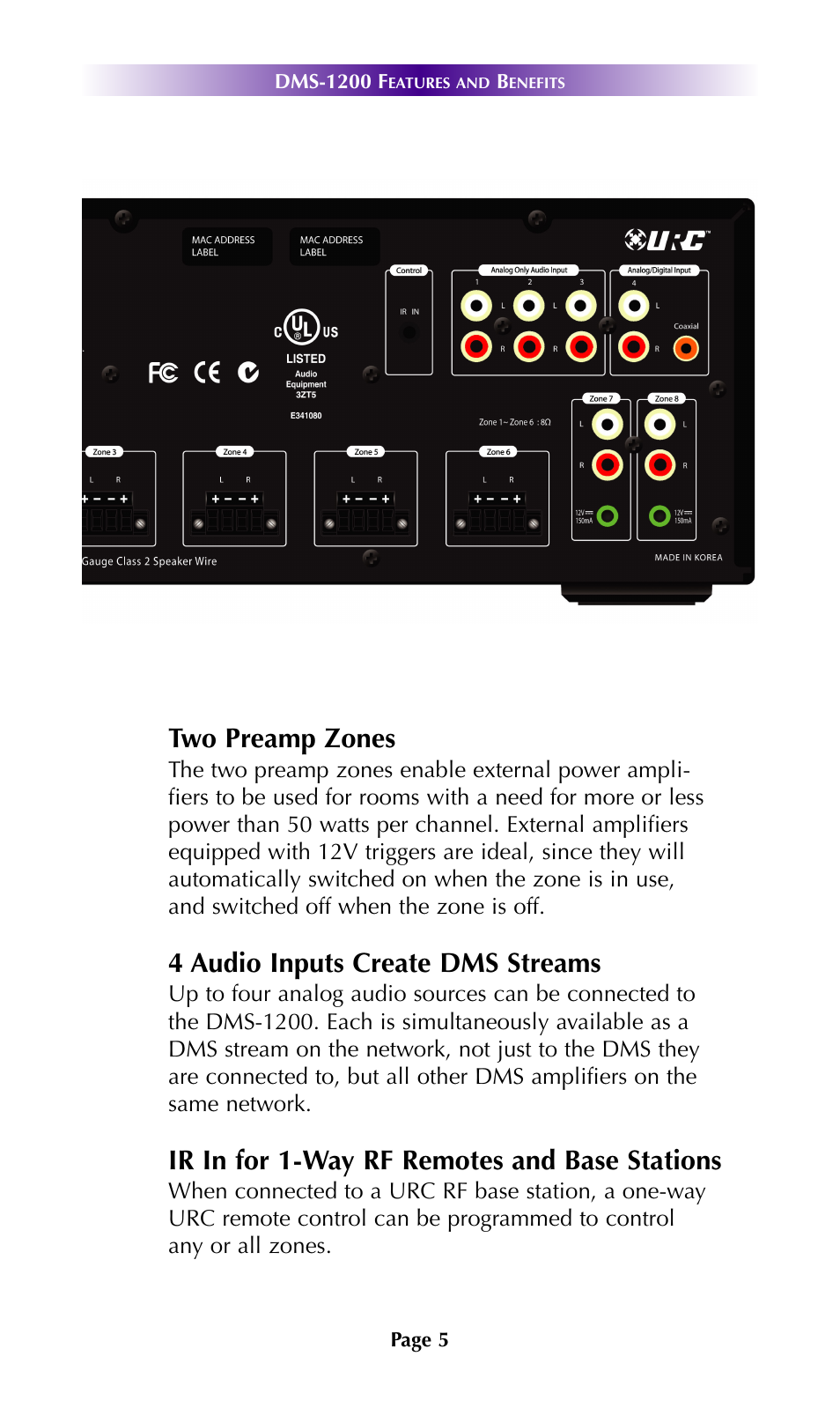 Rear panel features, Two preamp zones, 4 audio inputs create dms streams | Ir in for 1-way rf remotes and base stations | Universal Remote Control (URS) DMS-1200 7.9.14 User Manual | Page 8 / 18