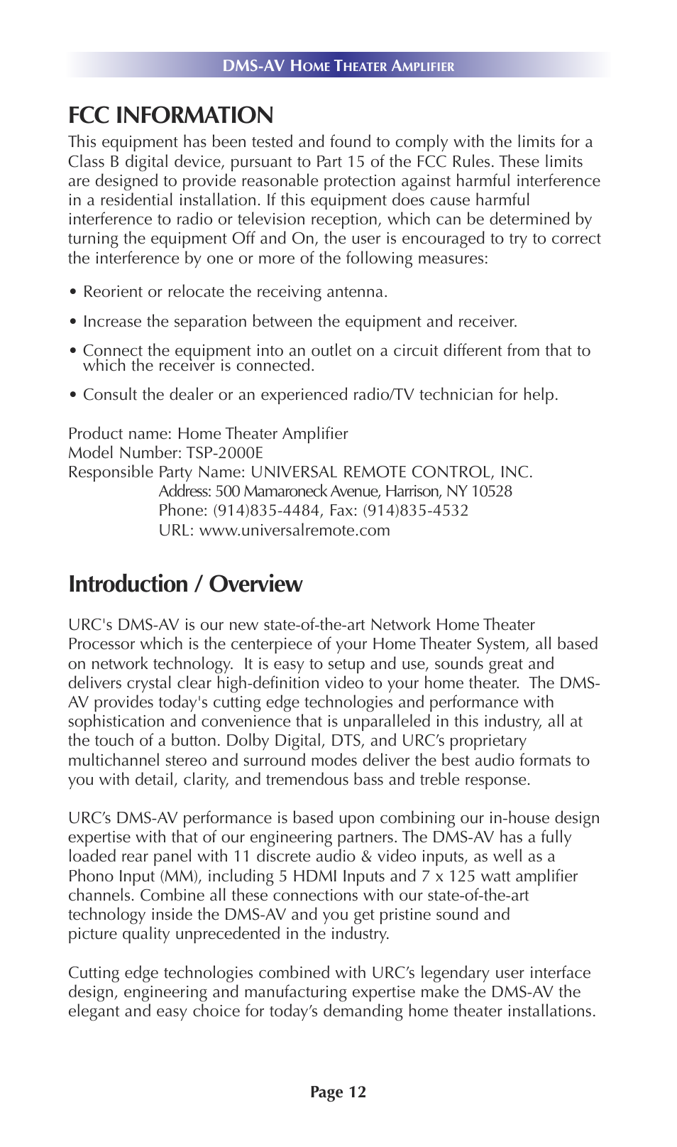 Fcc information, Introduction / overview | Universal Remote Control (URS) DMS-AV TSP20007.10.14 User Manual | Page 11 / 50