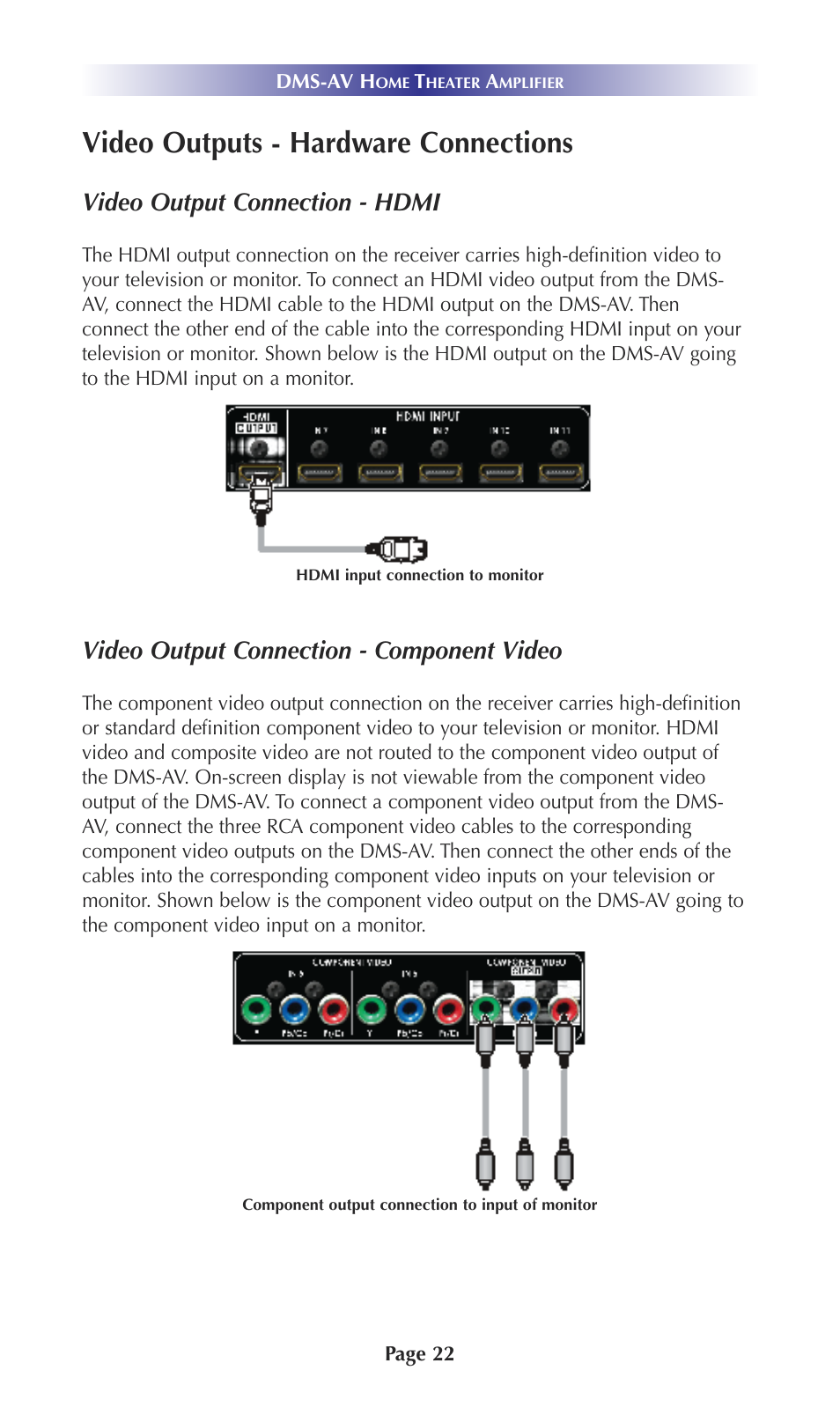 Video outputs - hardware connections, Video output connection - hdmi, Video output connection - component video | Universal Remote Control (URS) DMS-AV TSP20007.10.14 User Manual | Page 21 / 50