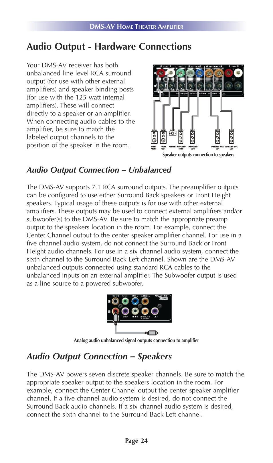 Audio output - hardware connections, Audio output connection – speakers, Audio output connection – unbalanced | Universal Remote Control (URS) DMS-AV TSP20007.10.14 User Manual | Page 23 / 50