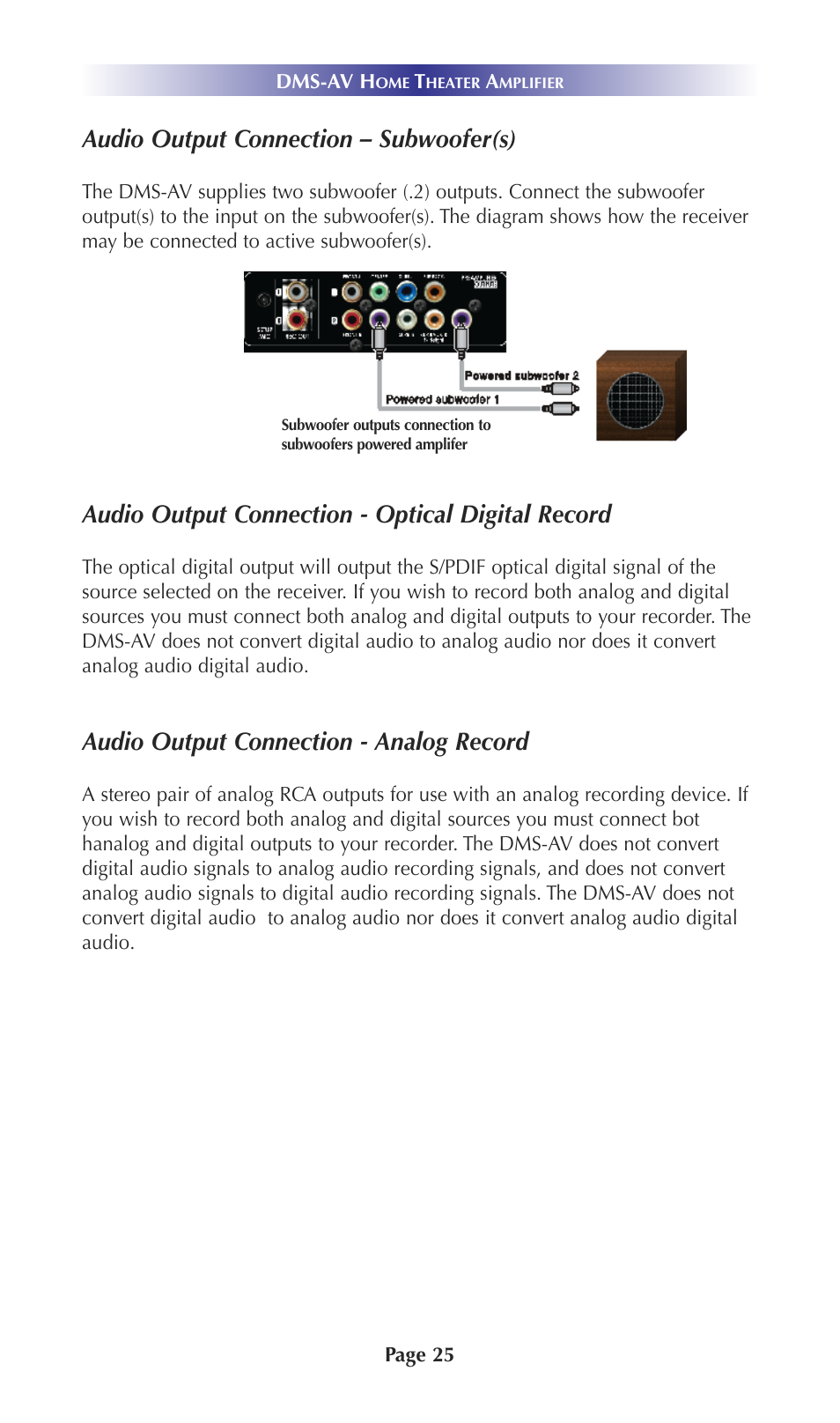 Audio output connection – subwoofer(s), Audio output connection - optical digital record, Audio output connection - analog record | Universal Remote Control (URS) DMS-AV TSP20007.10.14 User Manual | Page 24 / 50