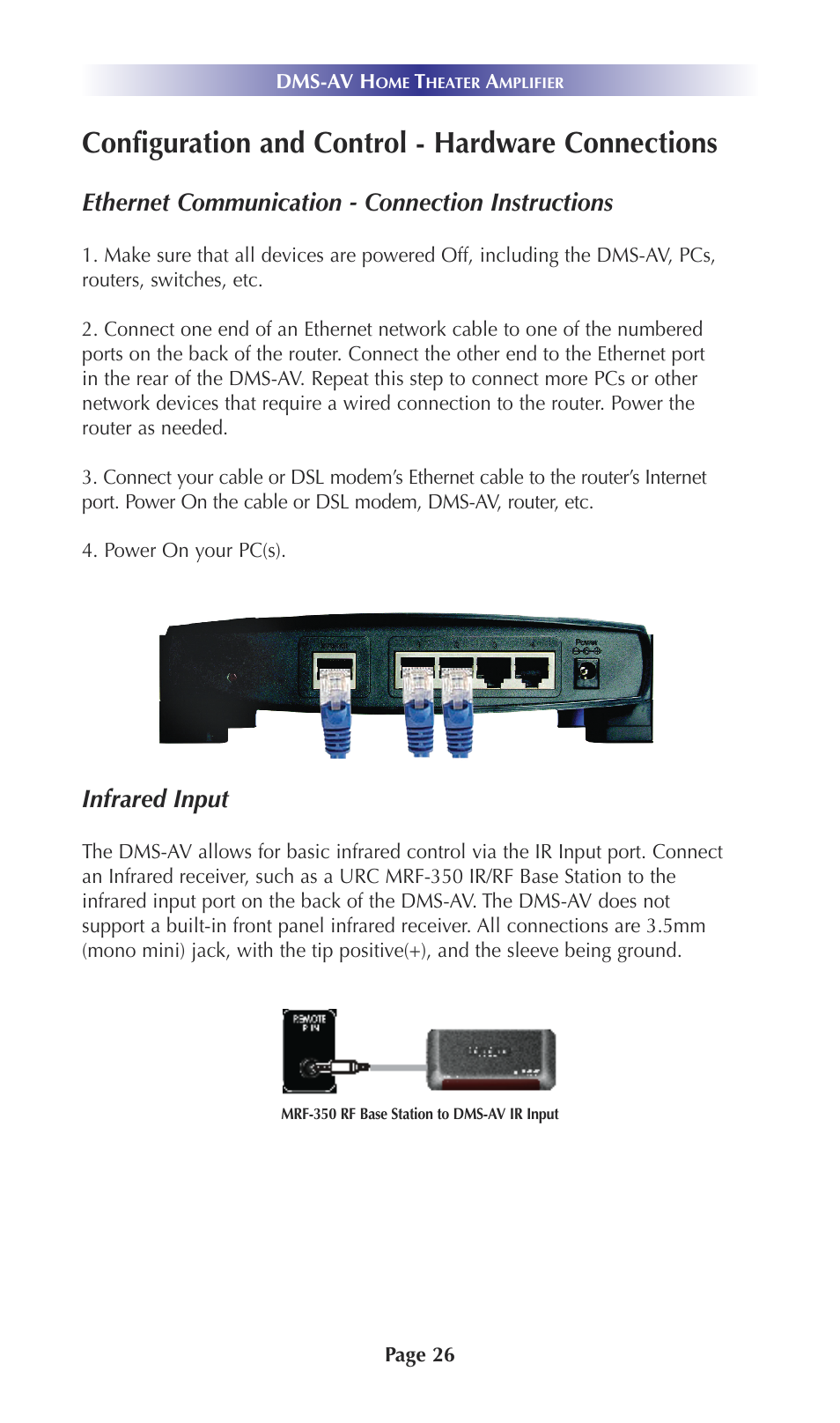 Configuration and control - hardware connections, Ethernet communication - connection instructions, Infrared input | Universal Remote Control (URS) DMS-AV TSP20007.10.14 User Manual | Page 25 / 50